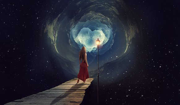 astronomy, woman, door